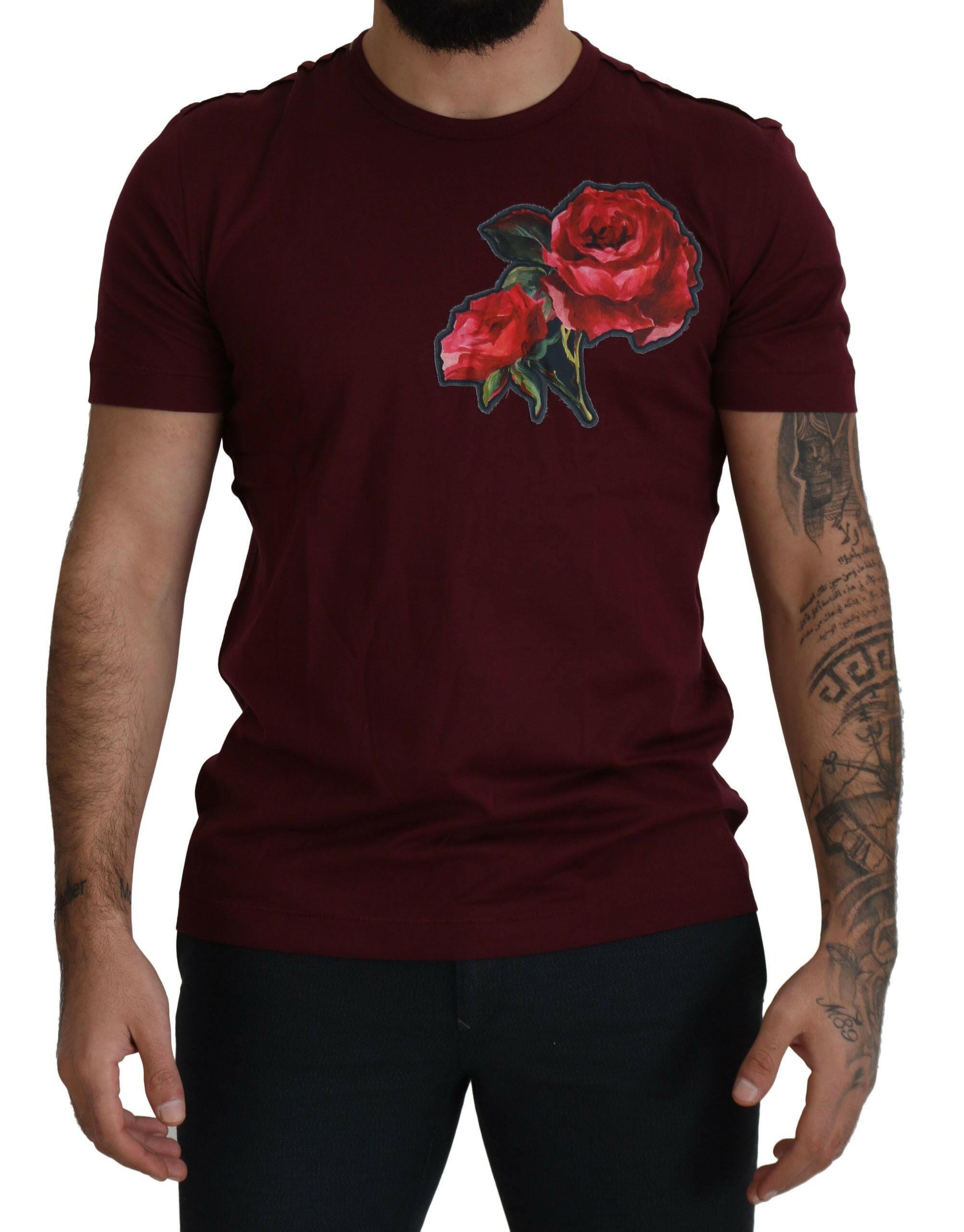 Dolce & Gabbana Bordeaux Roses Cotton Crewneck T-shirt -   -  Dolce & Gabbana.