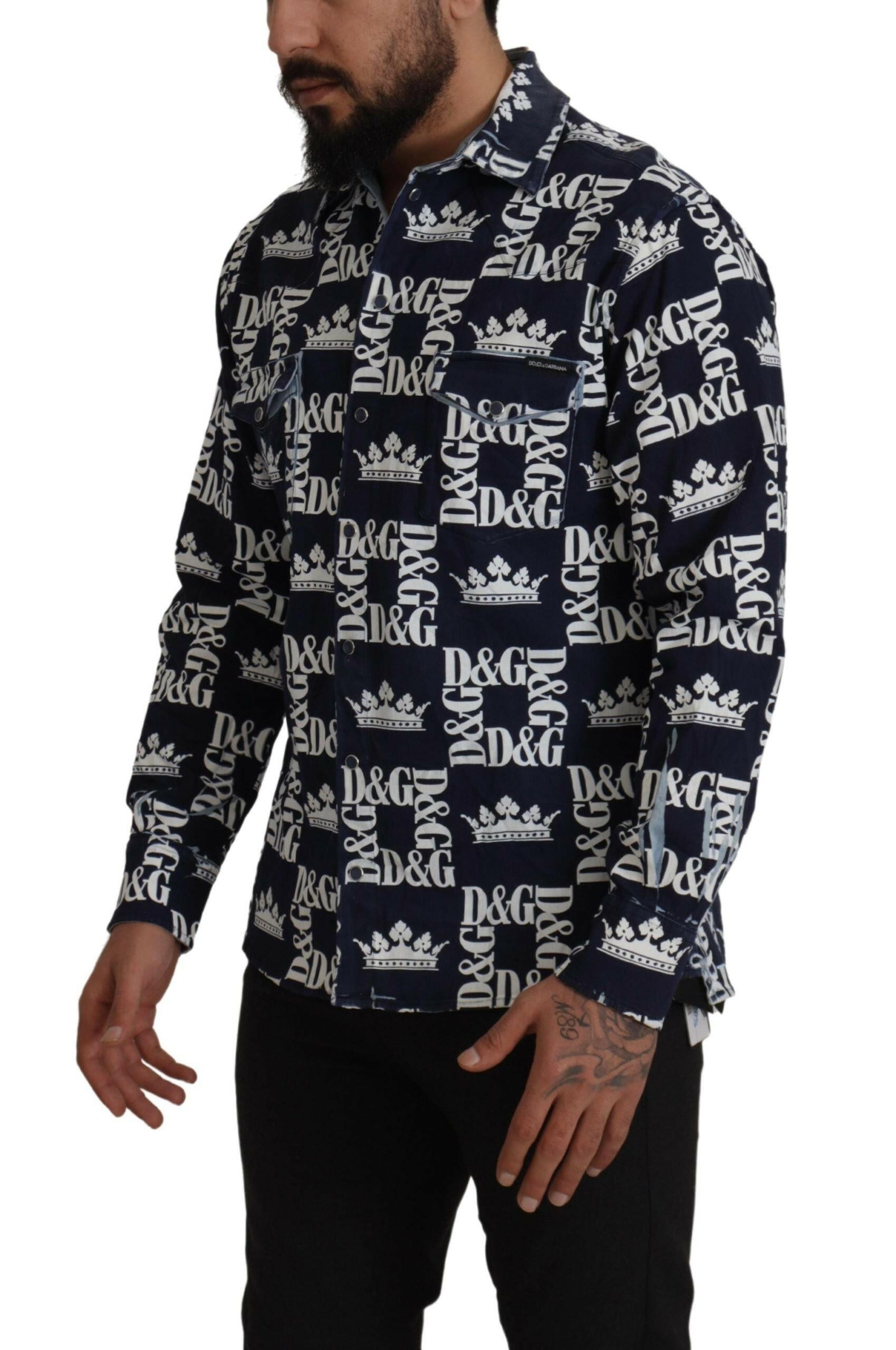 Dolce & Gabbana Blue Denim Stretch DG Crown Logo Casual Shirt -   -  Dolce & Gabbana.