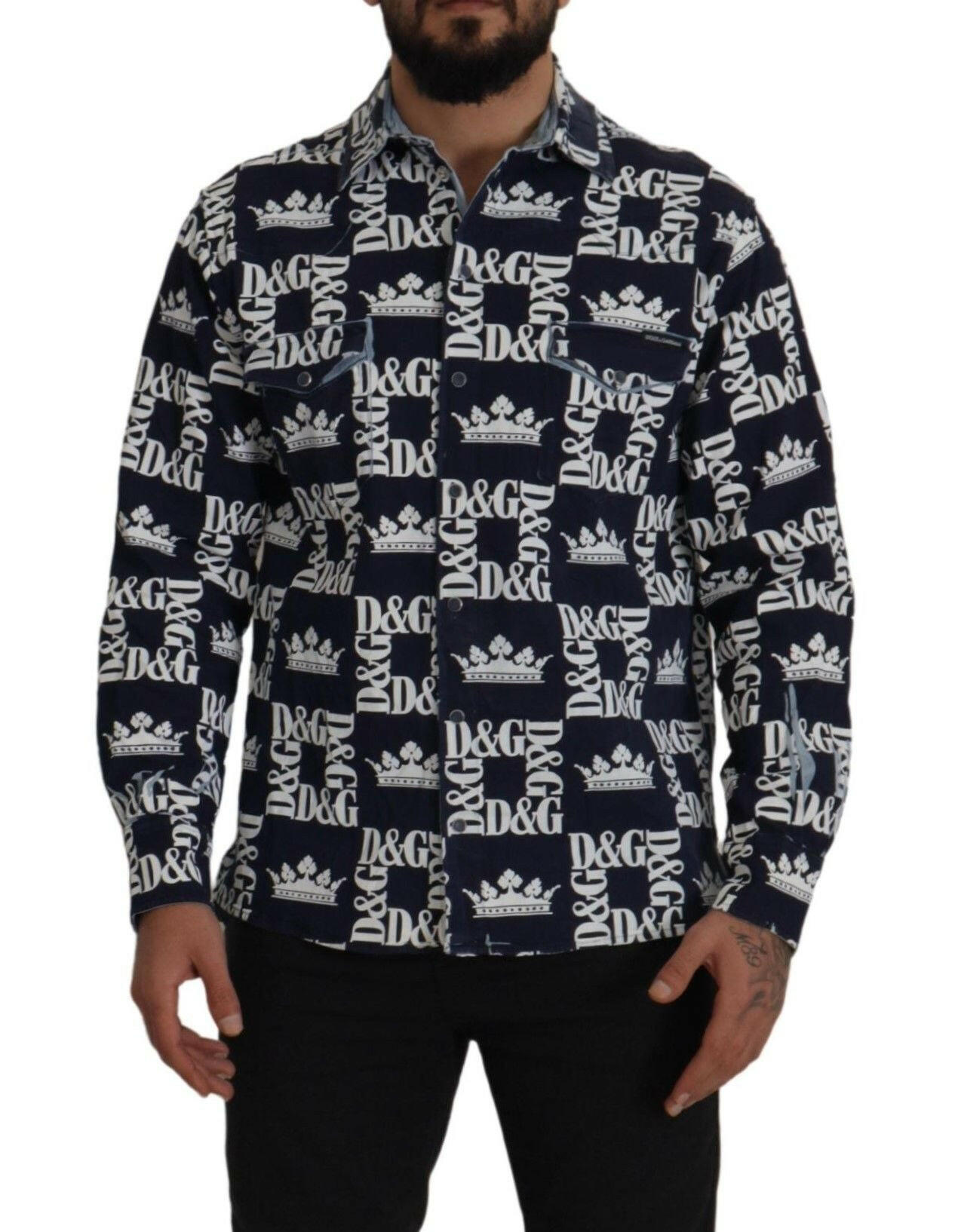 Dolce & Gabbana Blue Denim Stretch DG Crown Logo Casual Shirt -   -  Dolce & Gabbana.