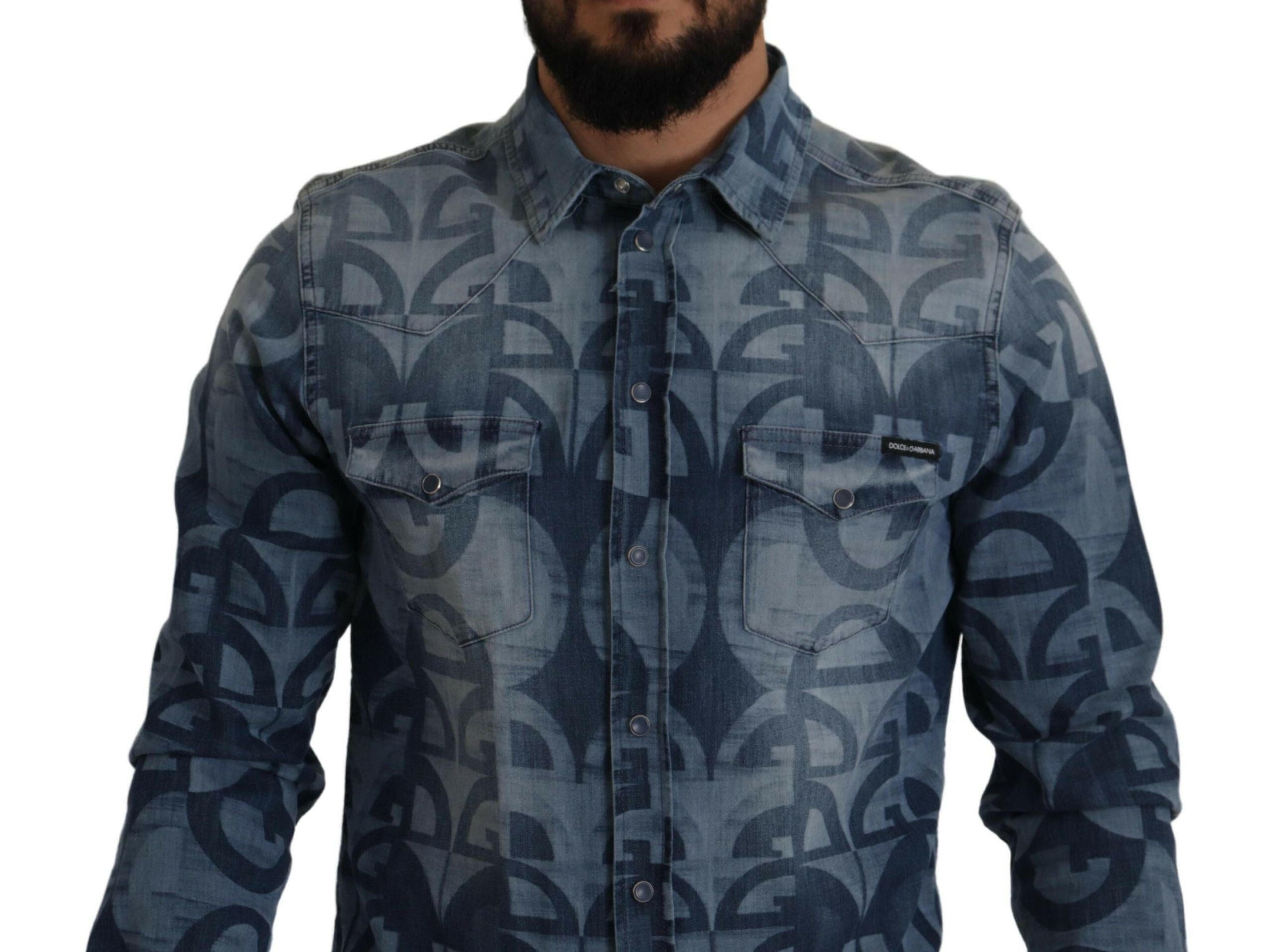 Dolce & Gabbana Blue Denim Stretch DG Logo Casual Mens Slim Shirt -   -  Dolce & Gabbana.