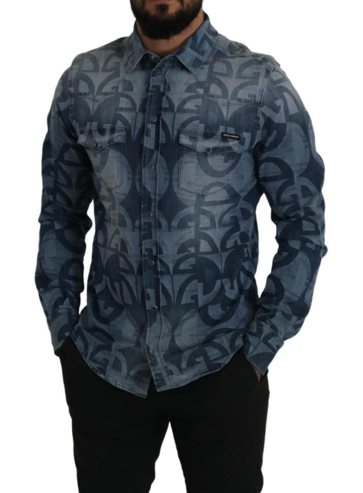 Dolce & Gabbana Blue Denim Stretch DG Logo Casual Mens Slim Shirt -   -  Dolce & Gabbana.