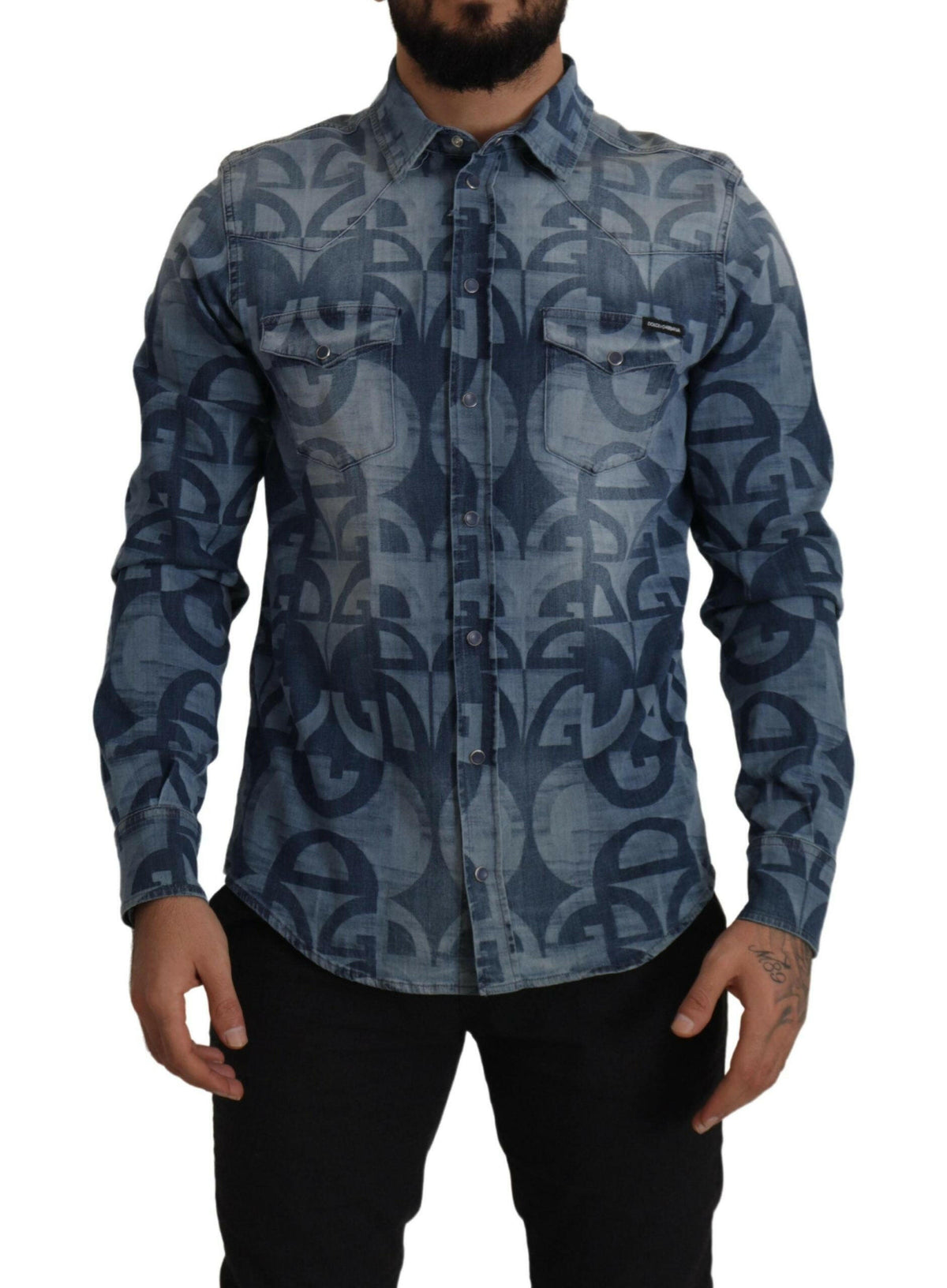 Dolce & Gabbana Blue Denim Stretch DG Logo Casual Mens Slim Shirt -   -  Dolce & Gabbana.