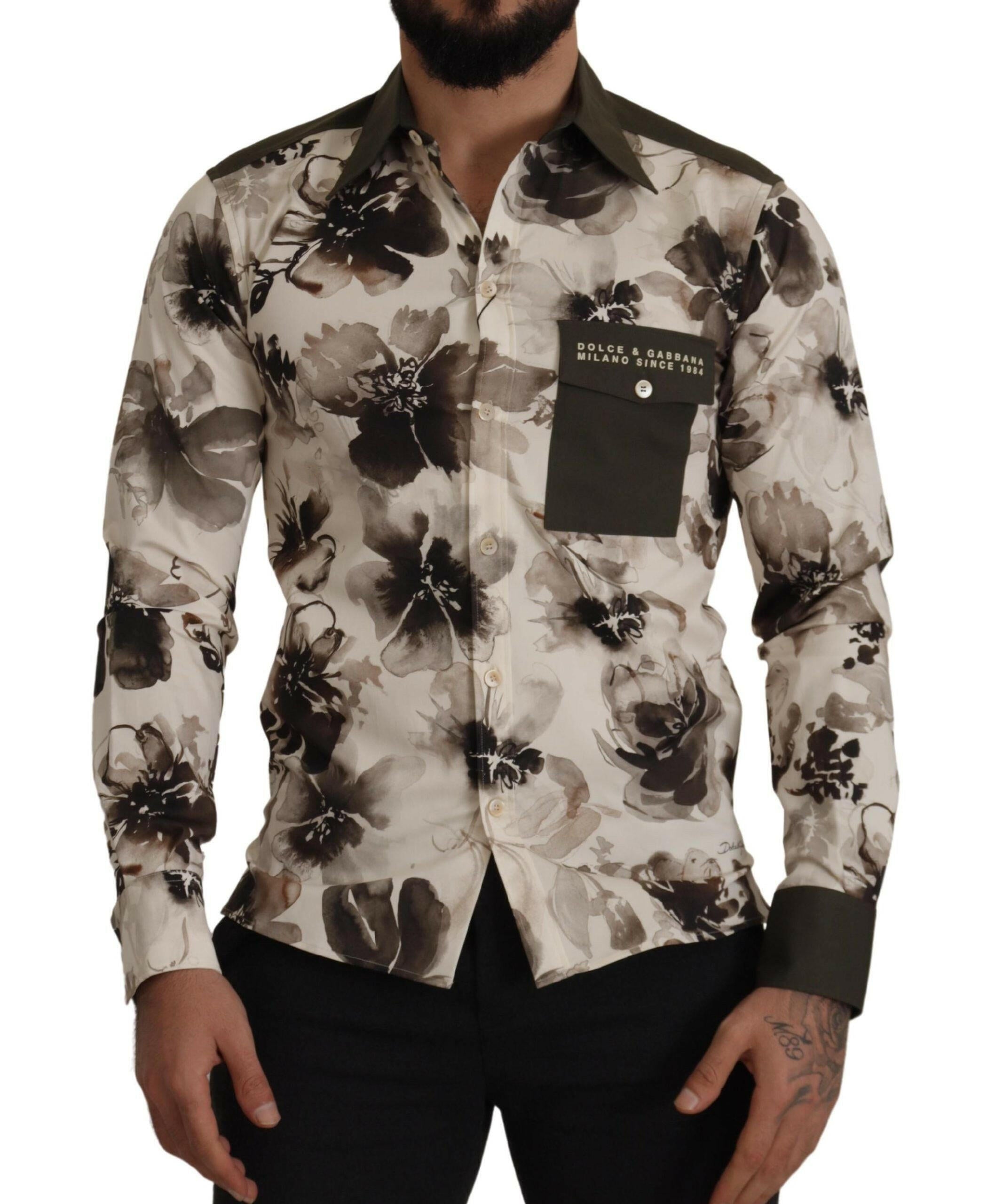Dolce & Gabbana Green Beige Floral Cotton Stretch Exclusive Shirt -   -  Dolce & Gabbana.
