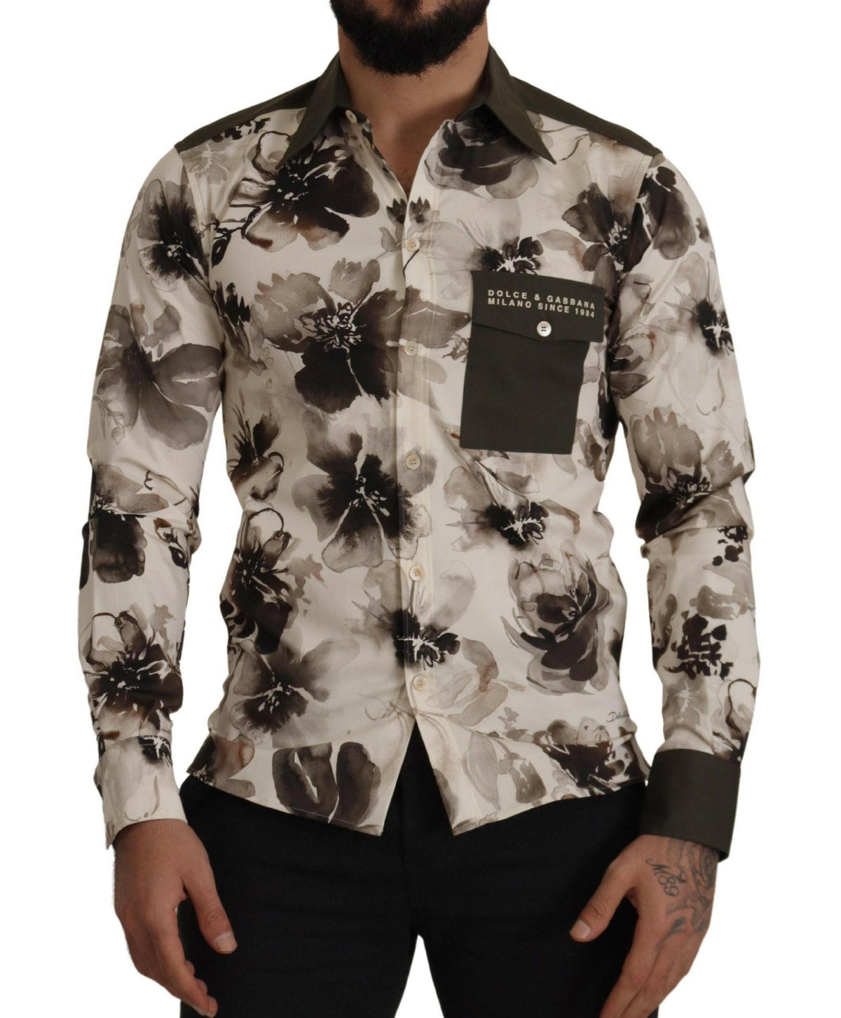 Dolce & Gabbana Green Beige Floral Cotton Stretch Exclusive Shirt -   -  Dolce & Gabbana.