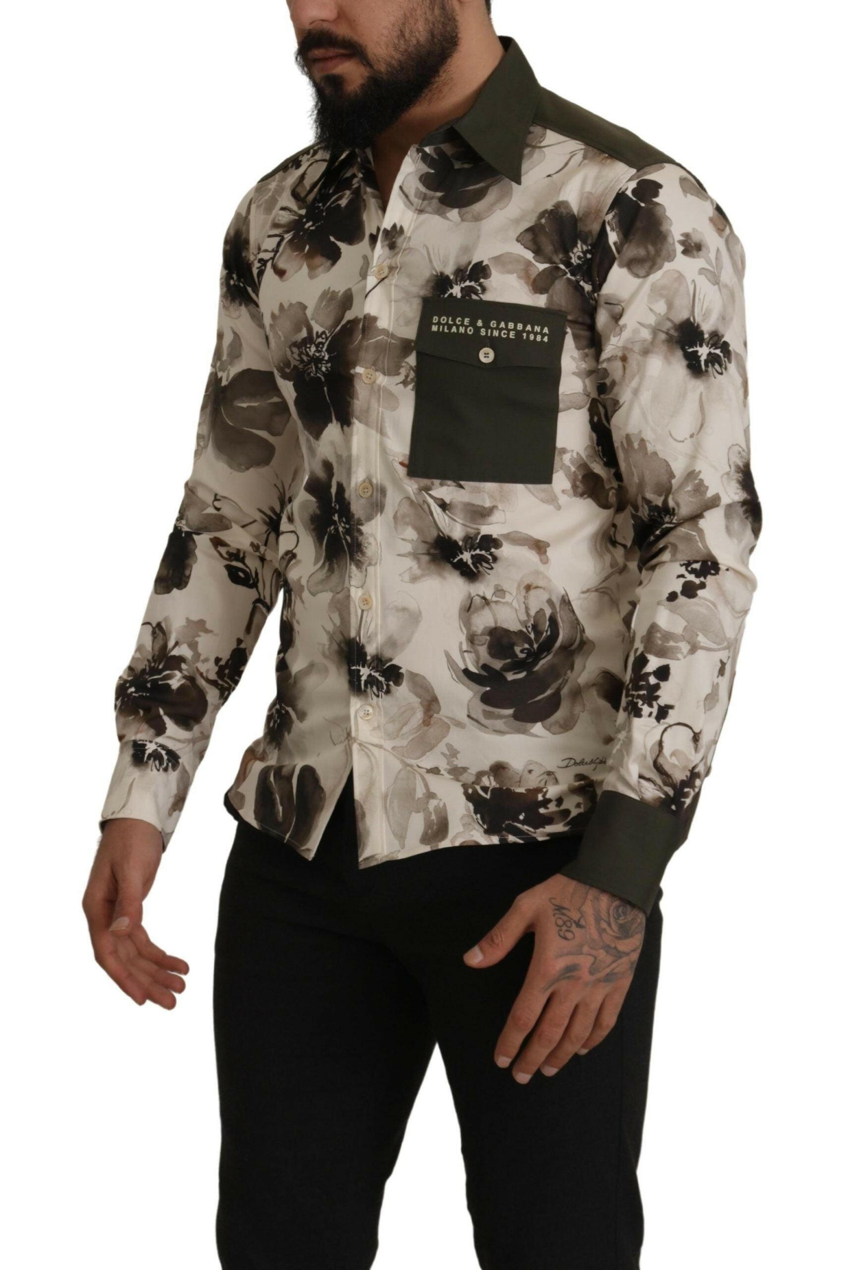 Dolce & Gabbana Green Beige Floral Cotton Stretch Exclusive Shirt -   -  Dolce & Gabbana.
