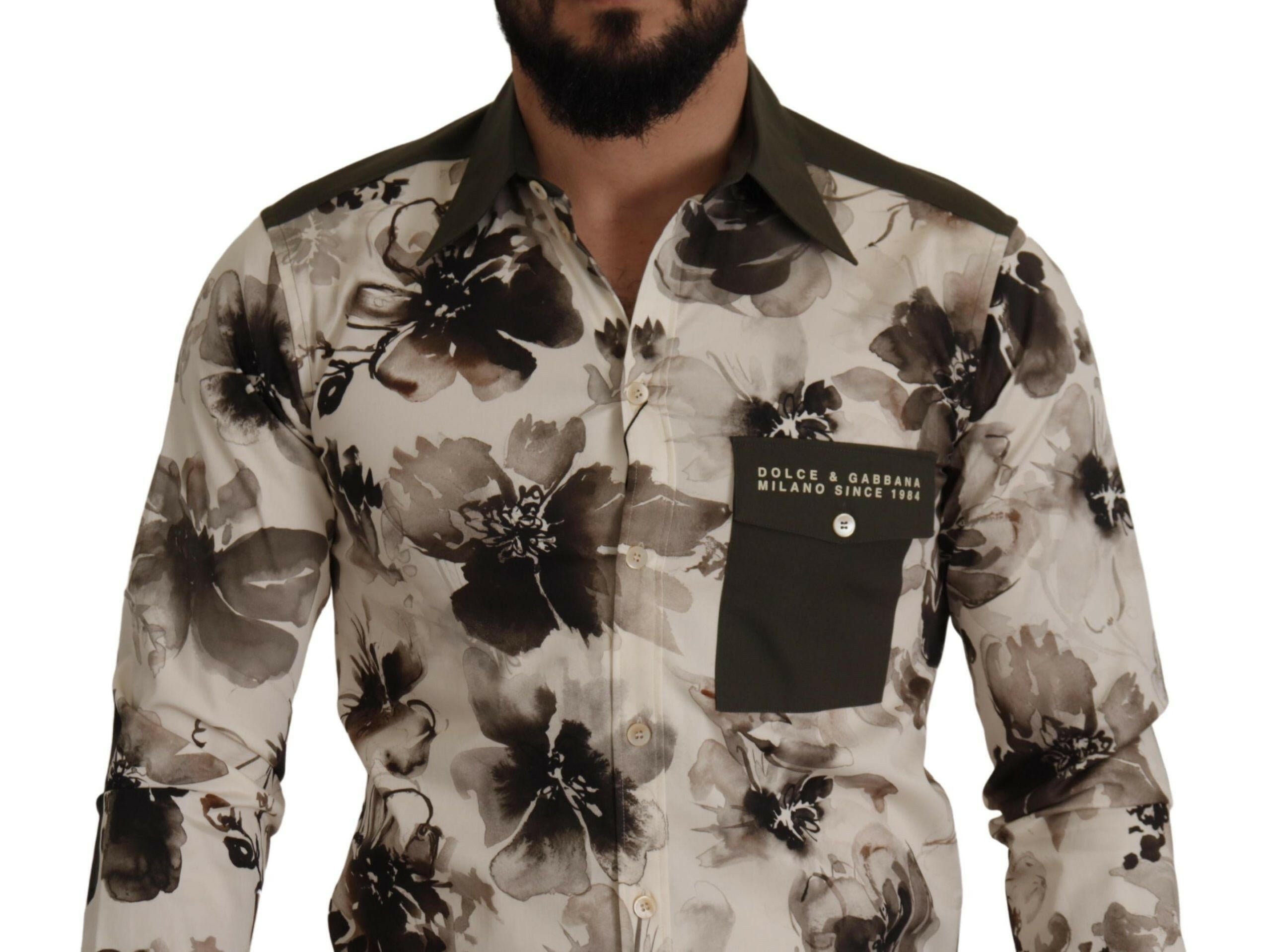 Dolce & Gabbana Green Beige Floral Cotton Stretch Exclusive Shirt -   -  Dolce & Gabbana.