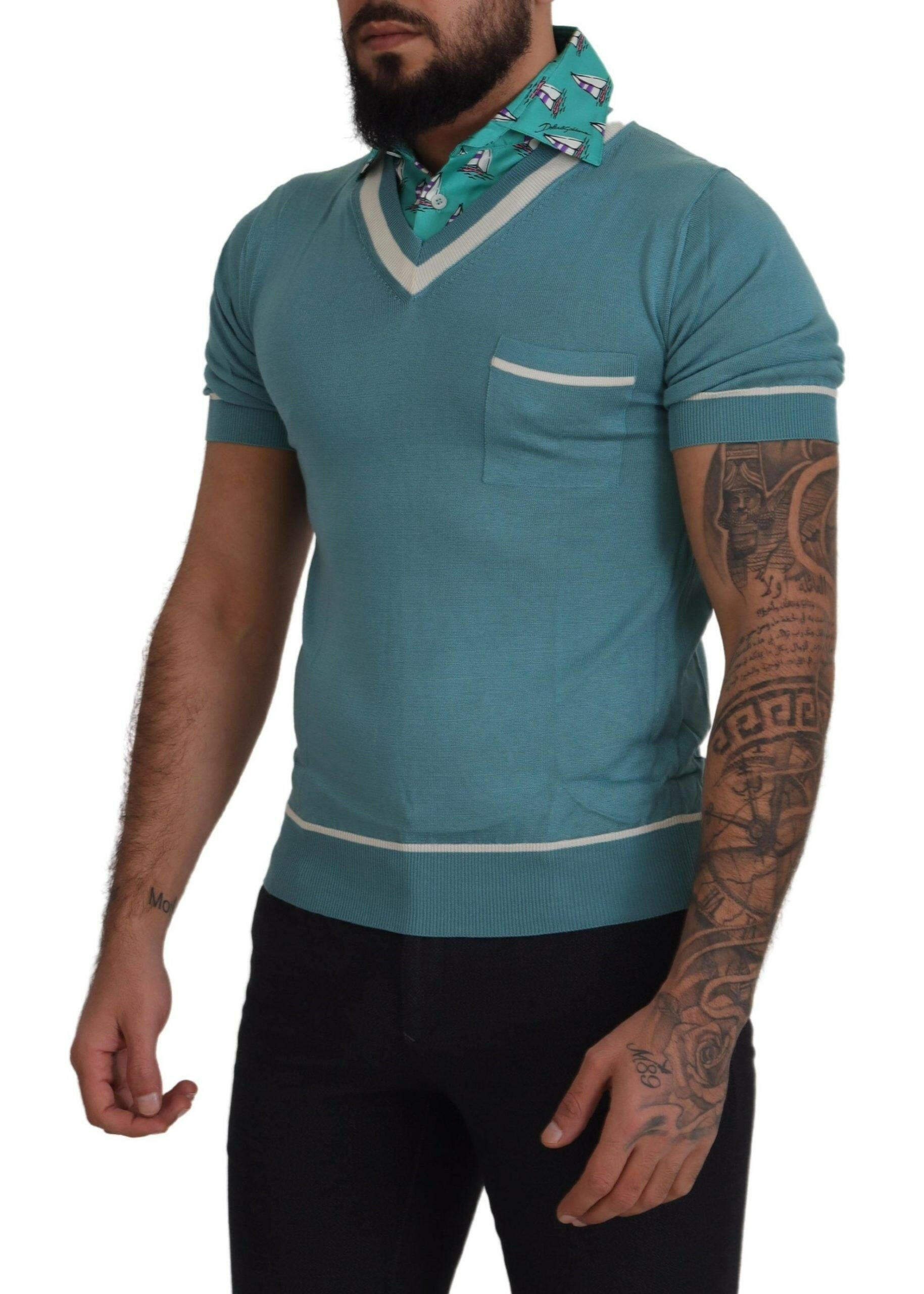 Dolce & Gabbana Blue Silk Polo Top Mens V-neck  T-shirt -   -  Dolce & Gabbana.