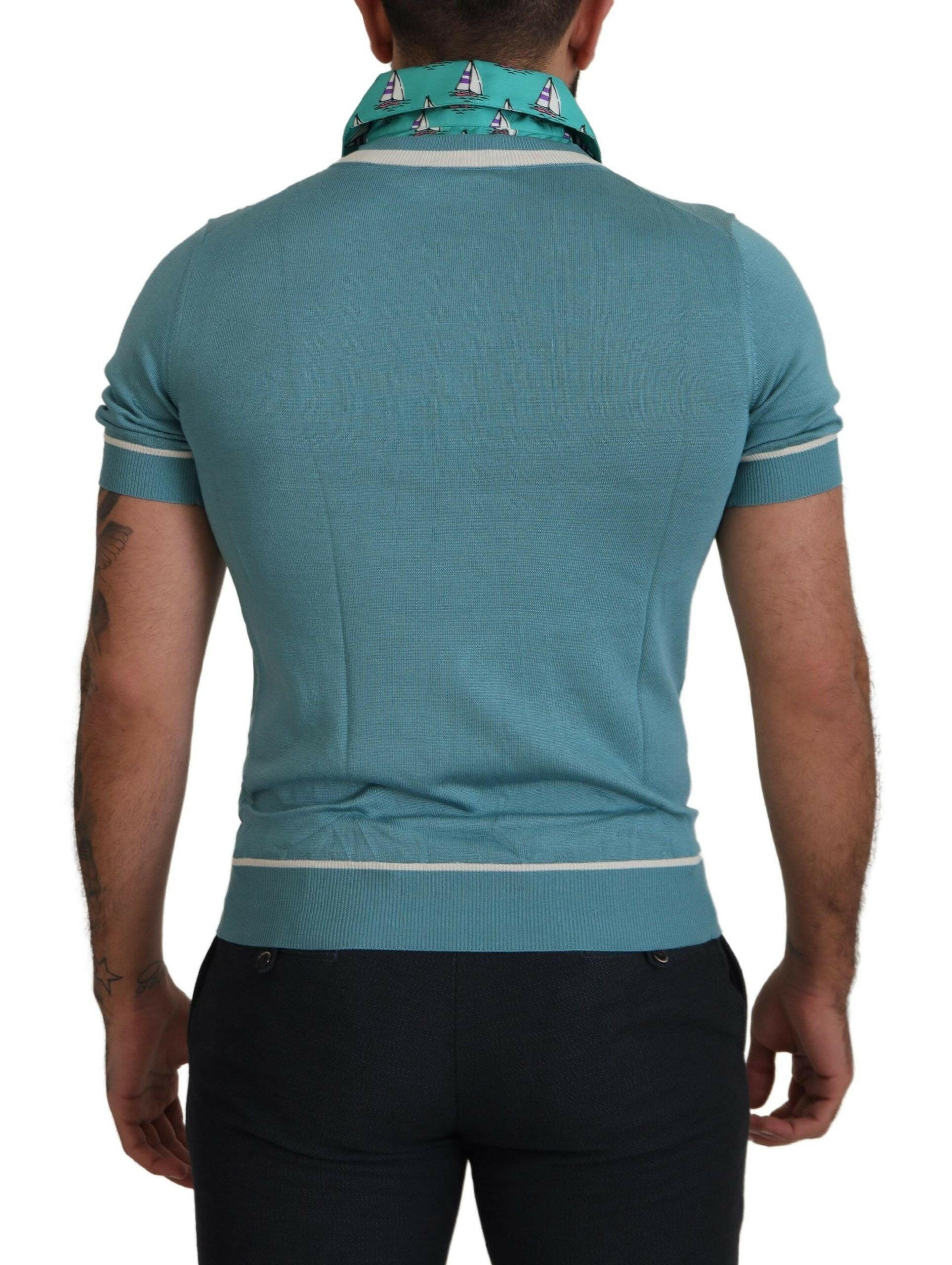 Dolce & Gabbana Blue Silk Polo Top Mens V-neck  T-shirt -   -  Dolce & Gabbana.