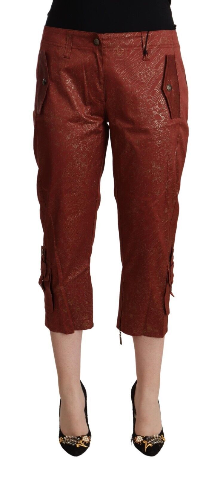 Just Cavalli - Sophisticated Lurex Mid-Waist Cropped Capri Pants - Brown