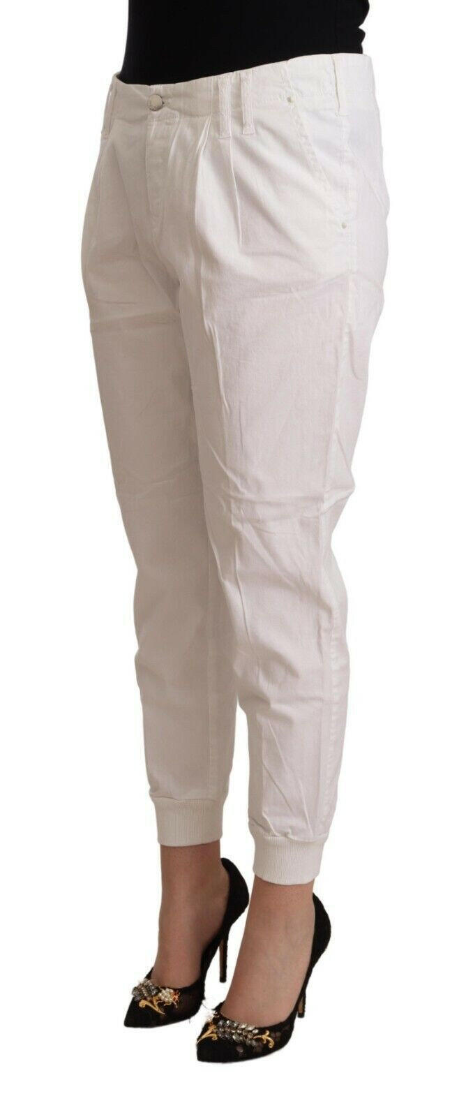 Met White Cotton Mid Waist Tapered Cropped Pants -   -  Met.