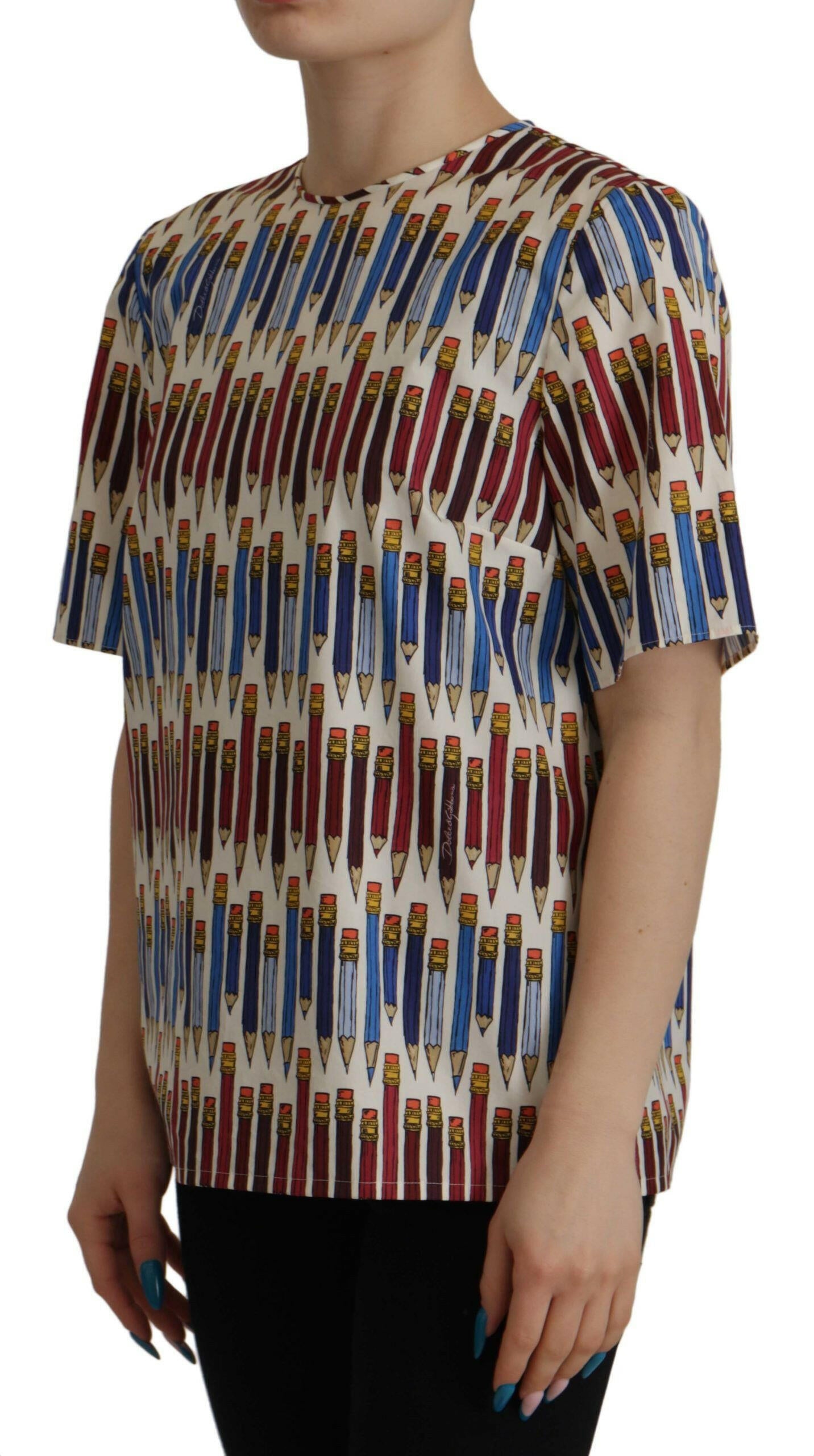 Dolce & Gabbana White Pencil Print Cotton T-shirt Blouse -   -  Dolce & Gabbana.
