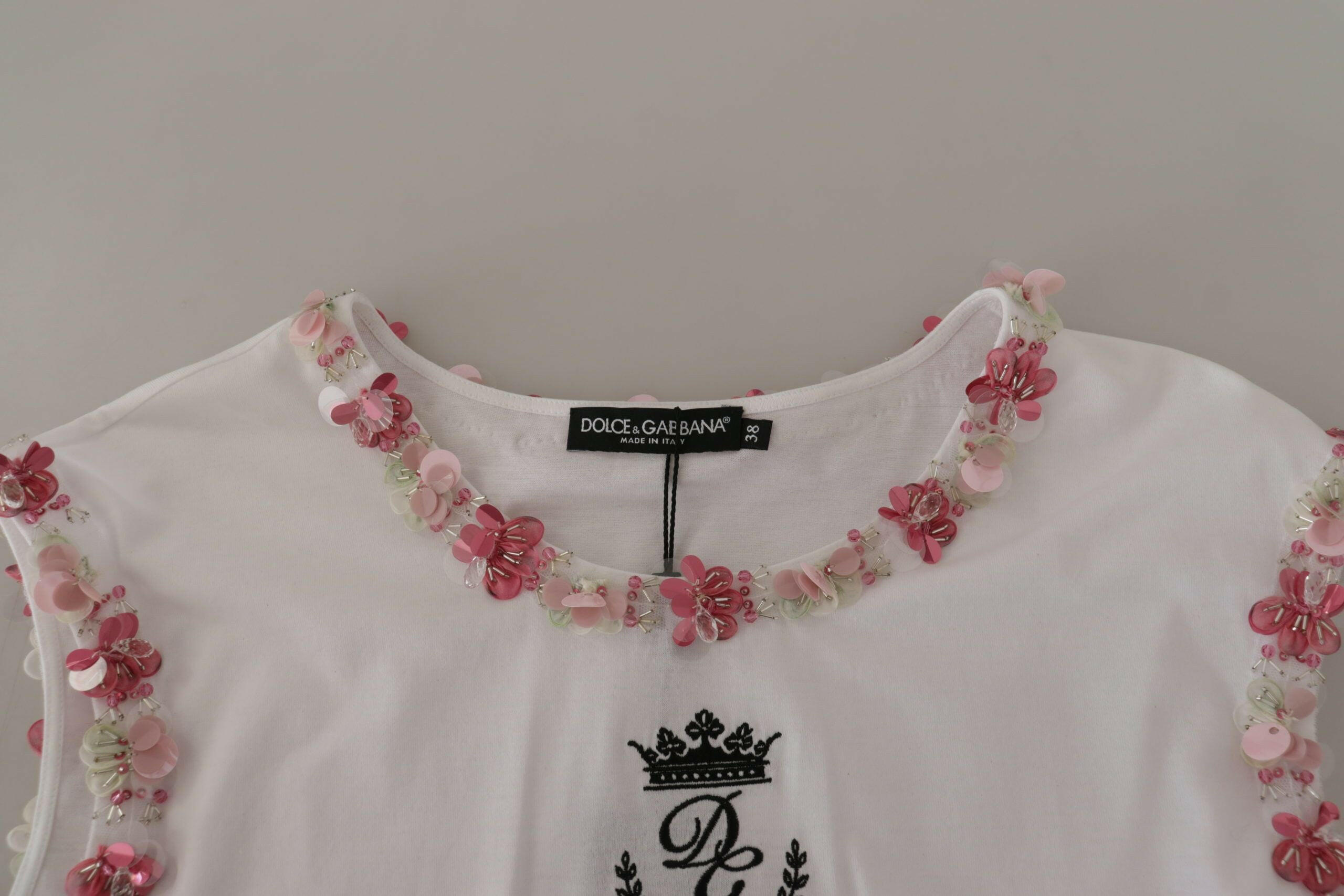 Dolce & Gabbana White DG Crown Floral Sequin T-shirt -   -  Dolce & Gabbana.