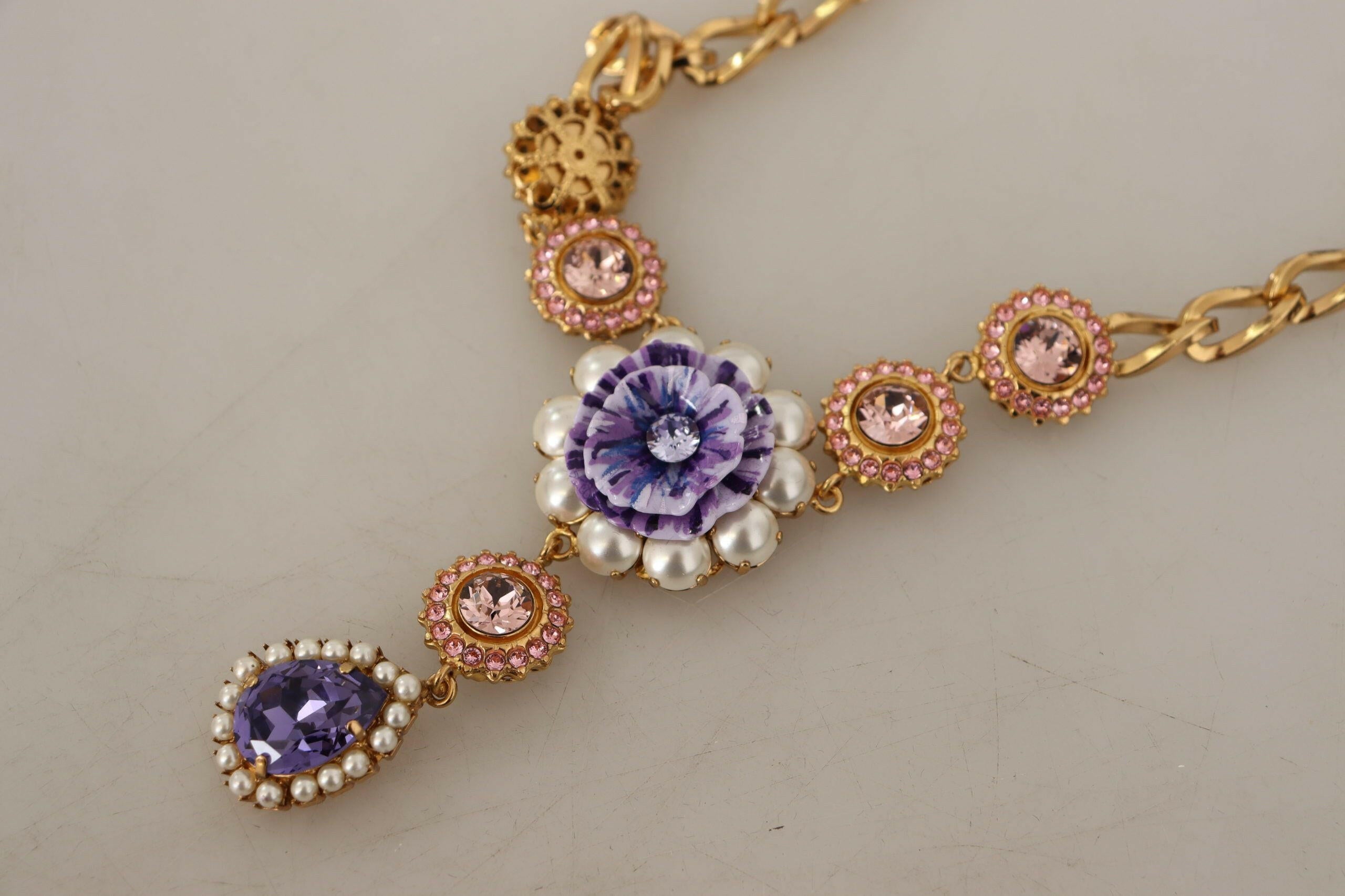 Dolce & Gabbana Gold Brass Crystal Purple Pink Pearl Pendants Necklace -   -  Dolce & Gabbana.