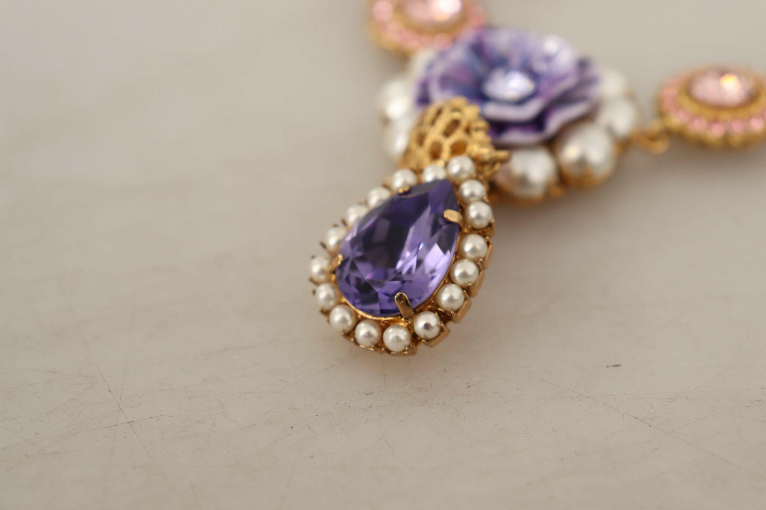 Dolce & Gabbana Gold Brass Crystal Purple Pink Pearl Pendants Necklace -   -  Dolce & Gabbana.