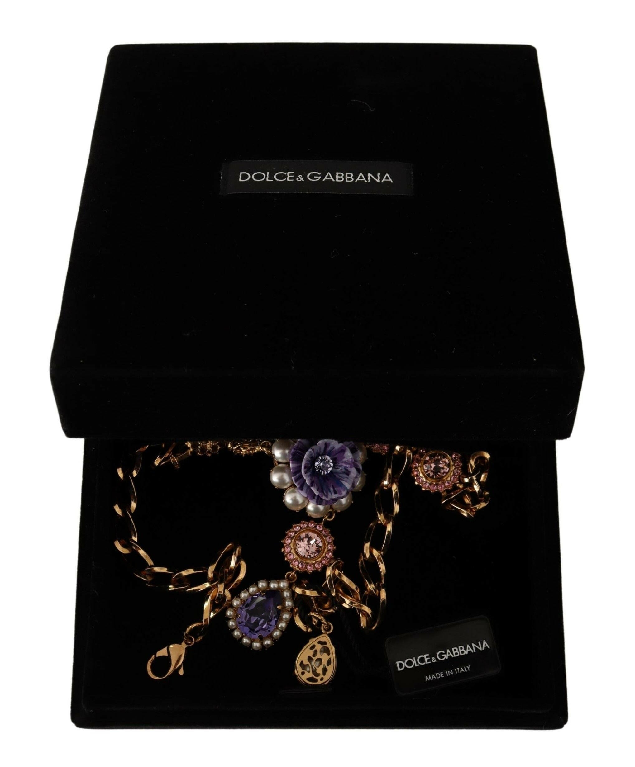 Dolce & Gabbana Gold Brass Crystal Purple Pink Pearl Pendants Necklace -   -  Dolce & Gabbana.