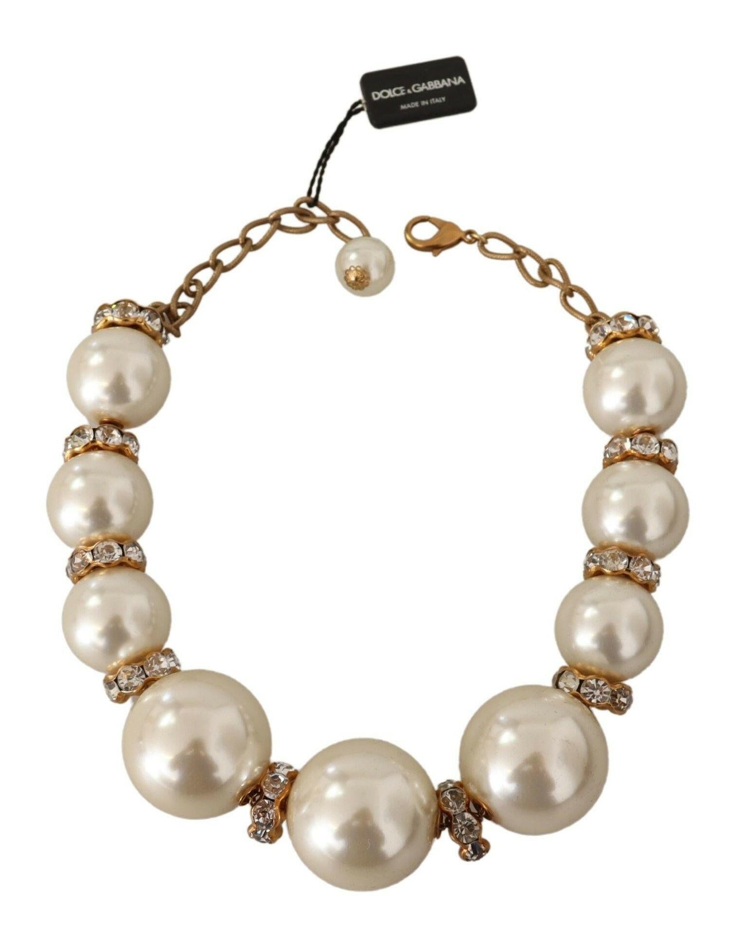 Dolce & Gabbana Gold Brass White Maxi Faux Pearl Beads Crystals Necklace -   -  Dolce & Gabbana.