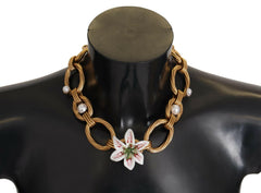 Dolce & Gabbana Gold White Lily Floral Chain Statement Necklace -   -  Dolce & Gabbana.
