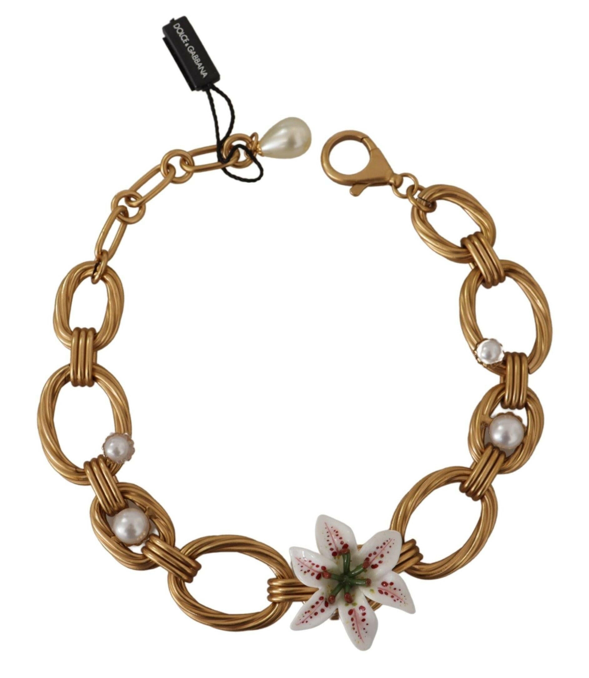 Dolce & Gabbana Gold White Lily Floral Chain Statement Necklace -   -  Dolce & Gabbana.