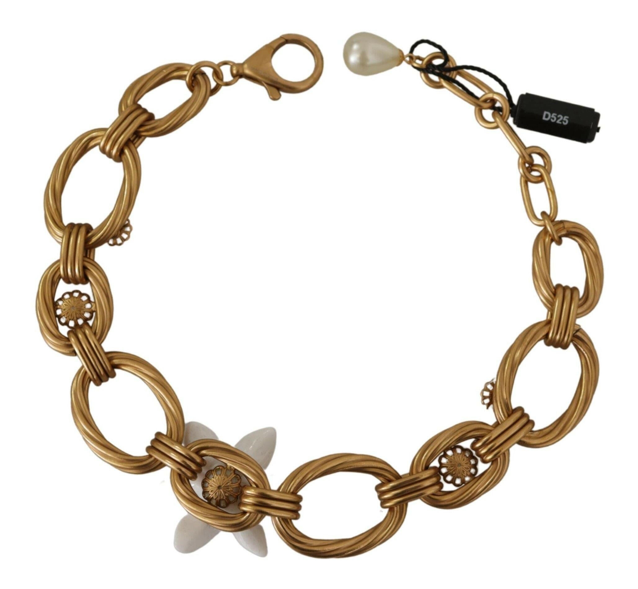 Dolce & Gabbana Gold White Lily Floral Chain Statement Necklace -   -  Dolce & Gabbana.