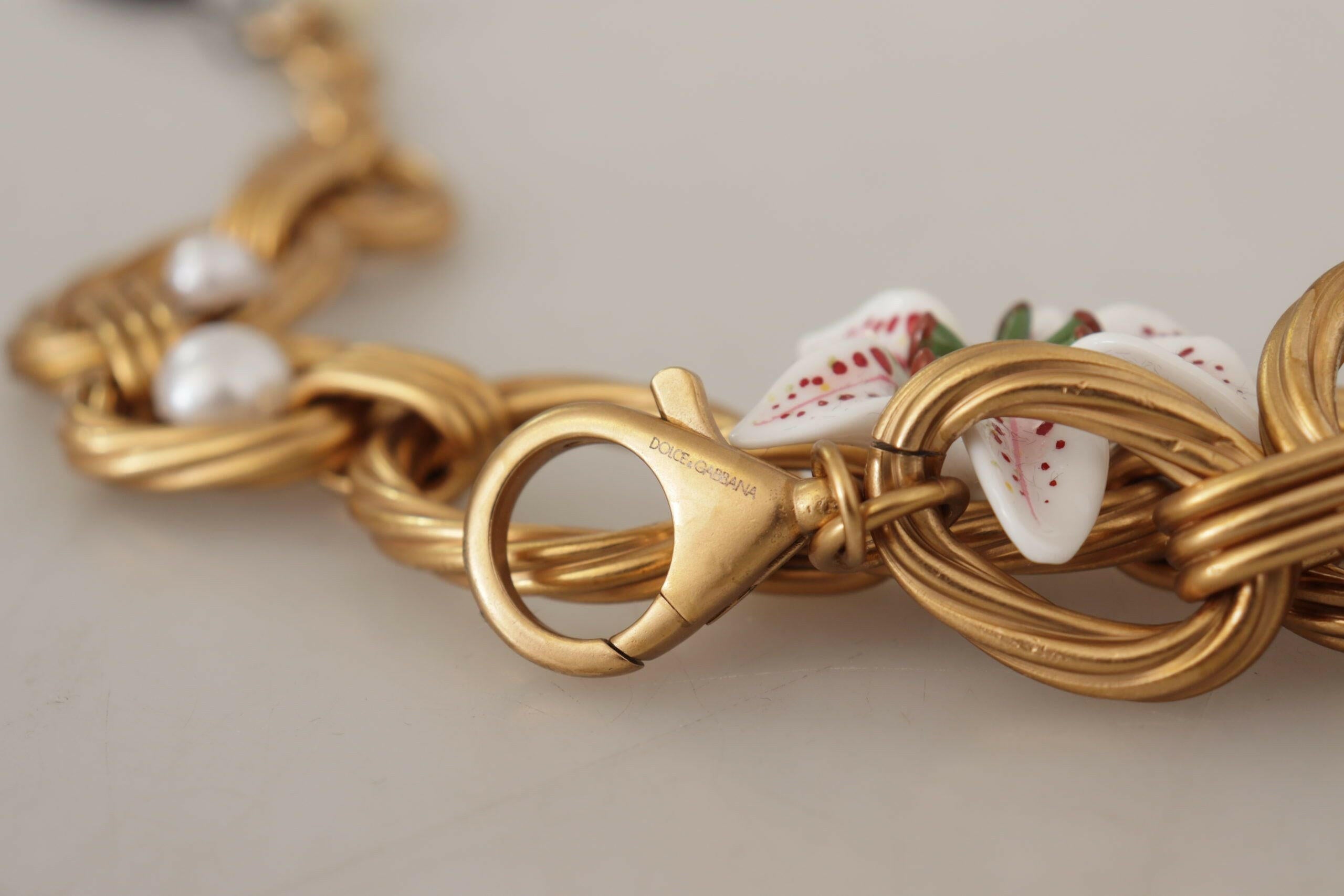 Dolce & Gabbana Gold White Lily Floral Chain Statement Necklace -   -  Dolce & Gabbana.