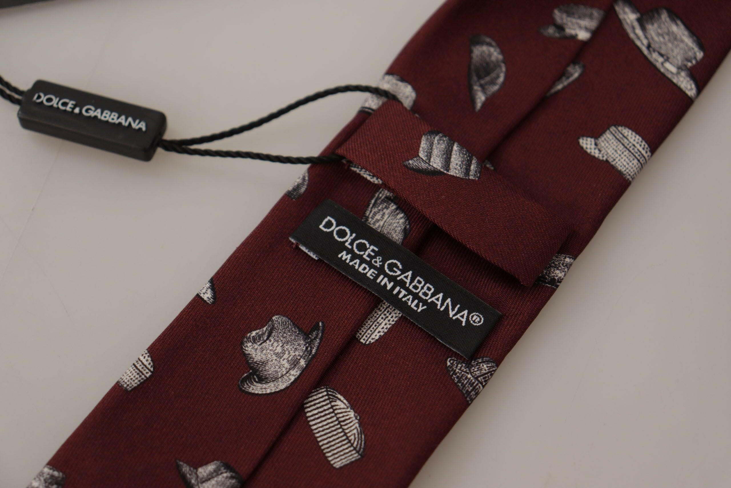 Dolce & Gabbana Maroon Hat Pattern 100% Silk Adjustable Accessory Tie -  Neckties, Men -  Dolce & Gabbana.
