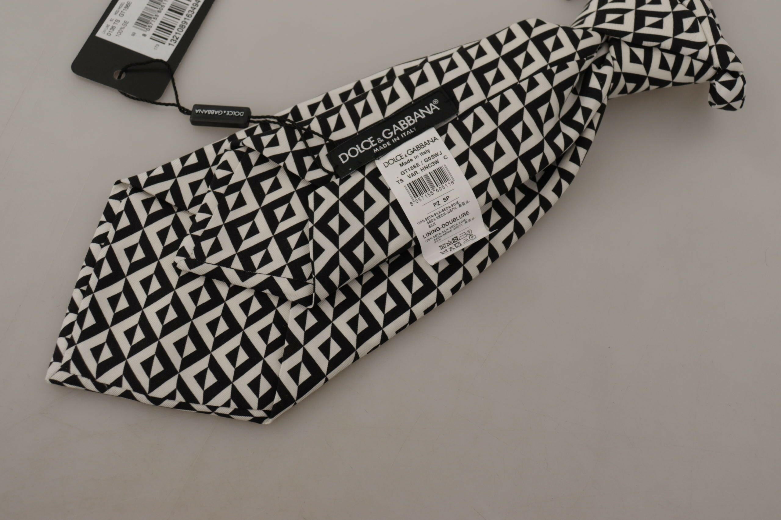 Dolce & Gabbana Black White Geometric 100% Silk Adjustable Accessory Tie -  Neckties, Men -  Dolce & Gabbana.