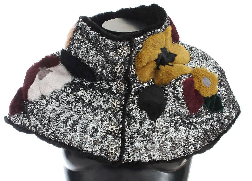 Dolce & Gabbana Silver Sequined Floral Weasel Fur Shoulder Scarf Wrap -   -  Dolce & Gabbana.