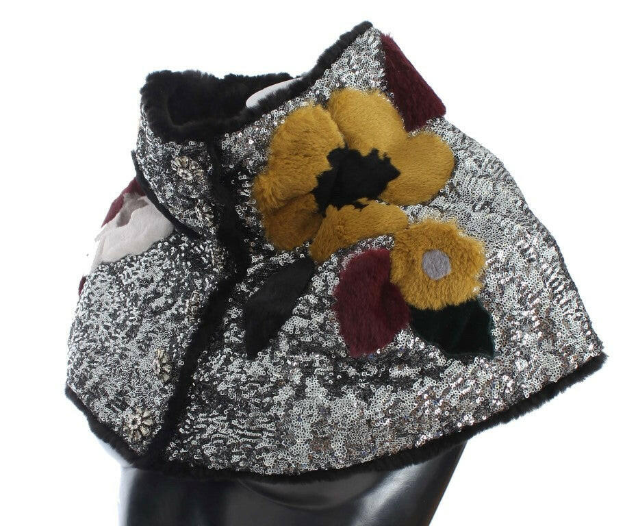Dolce & Gabbana Silver Sequined Floral Weasel Fur Shoulder Scarf Wrap -   -  Dolce & Gabbana.