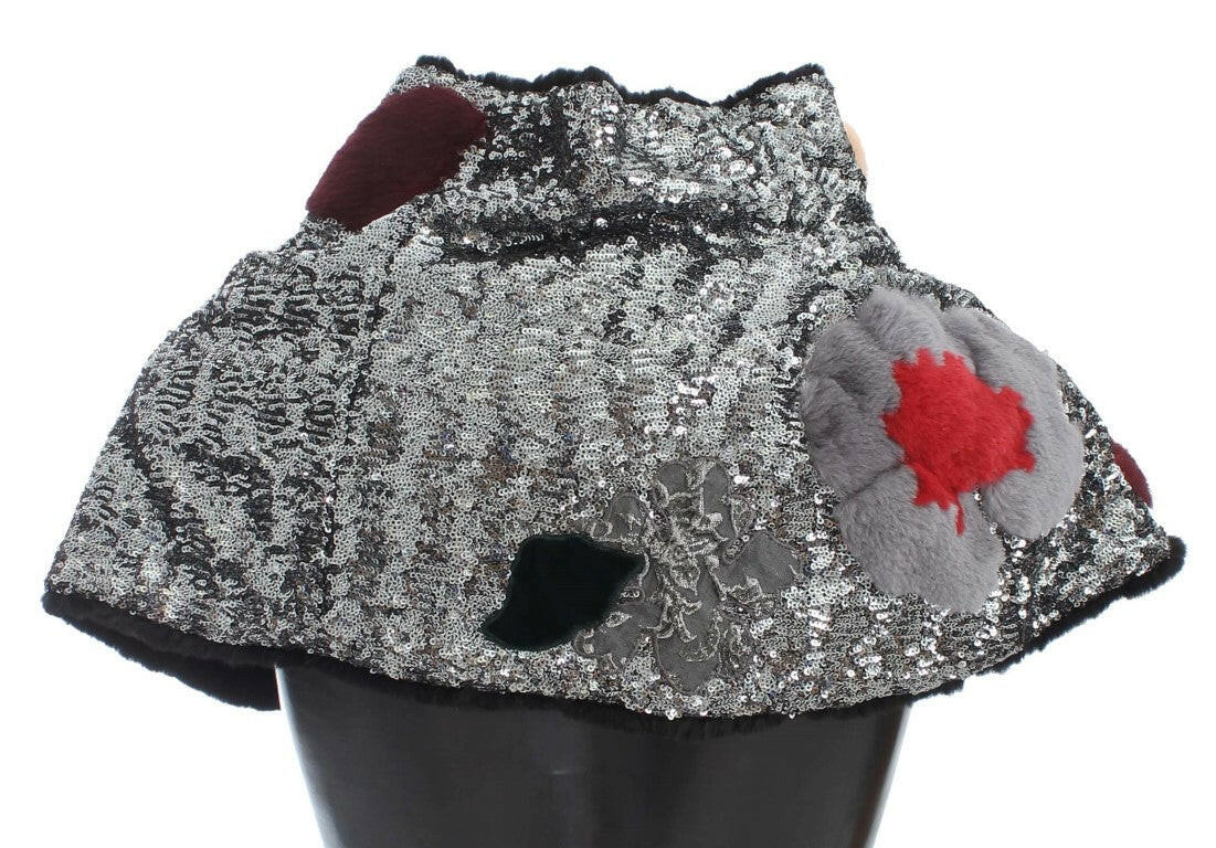 Dolce & Gabbana Silver Sequined Floral Weasel Fur Shoulder Scarf Wrap -   -  Dolce & Gabbana.