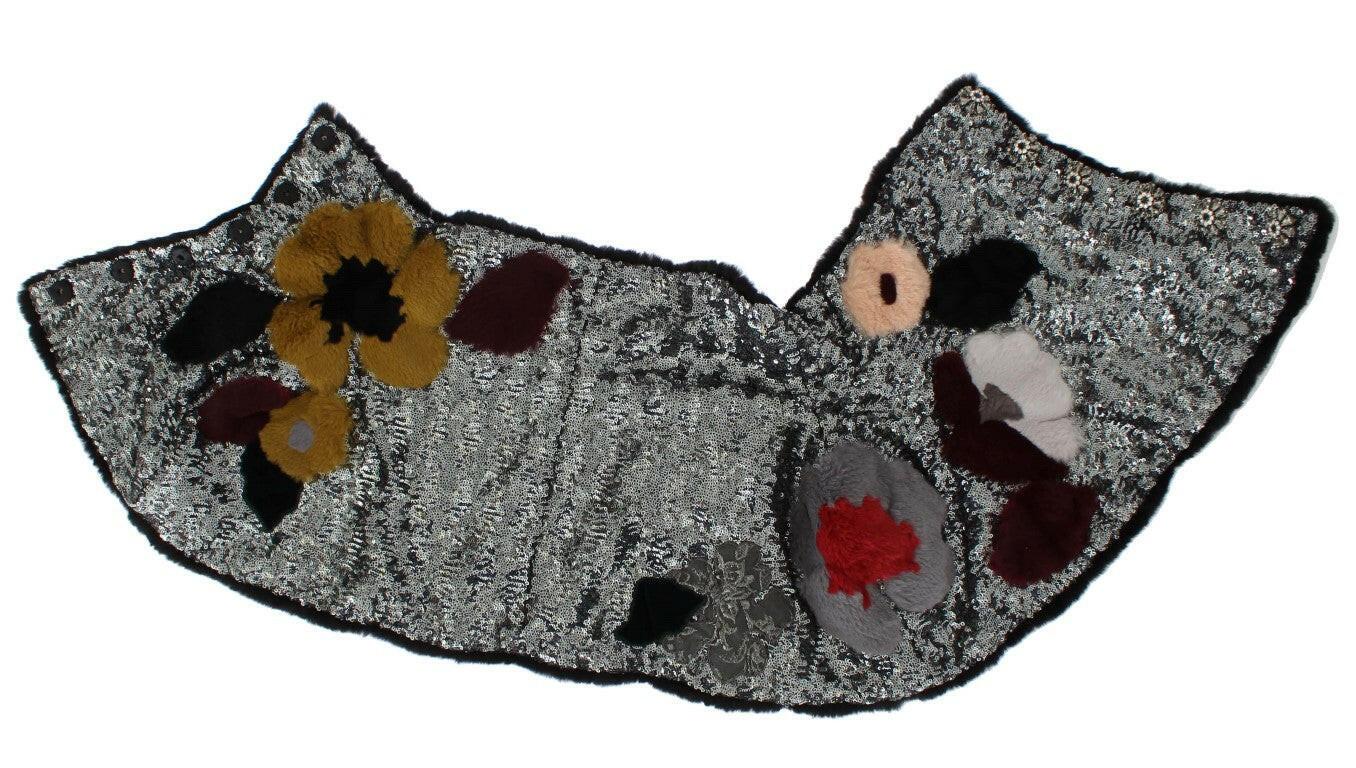 Dolce & Gabbana Silver Sequined Floral Weasel Fur Shoulder Scarf Wrap -   -  Dolce & Gabbana.