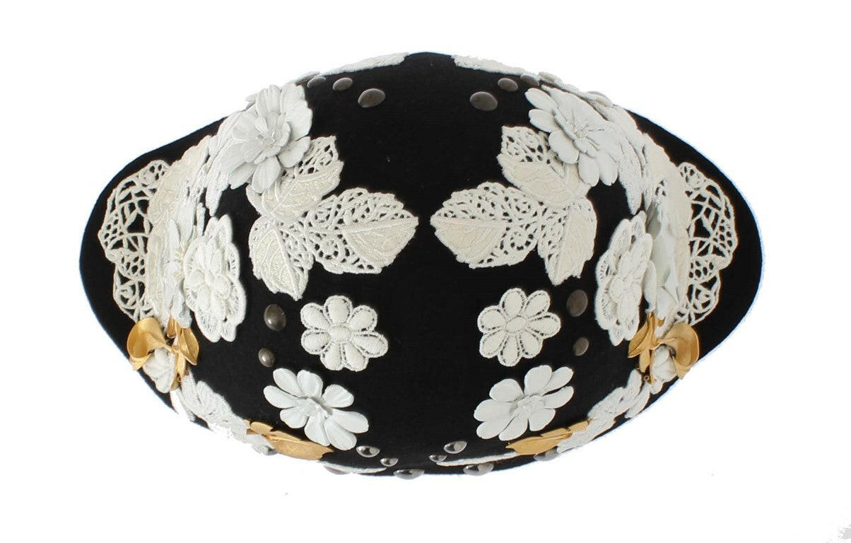 Dolce & Gabbana Black Wool White Floral Gold Leaf Hat -   -  Dolce & Gabbana.