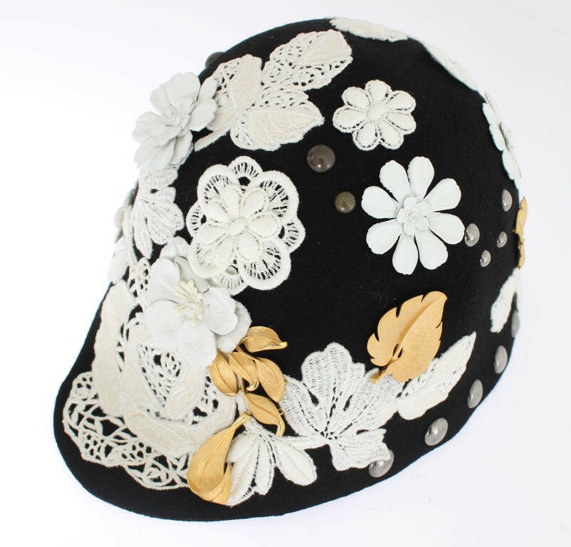 Dolce & Gabbana Black Wool White Floral Gold Leaf Hat -   -  Dolce & Gabbana.