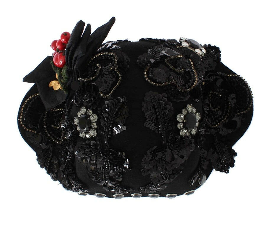 Dolce & Gabbana Black Crystal Gold Cherries Brooch Hat -   -  Dolce & Gabbana.