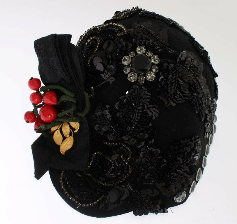 Dolce & Gabbana Black Crystal Gold Cherries Brooch Hat -   -  Dolce & Gabbana.