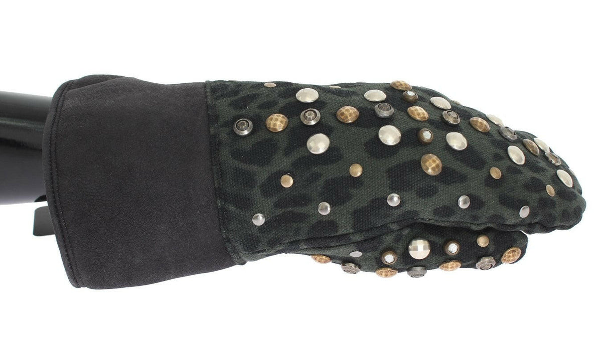 Dolce & Gabbana Gray Wool Shearling Studded Green Leopard Gloves -   -  Dolce & Gabbana.