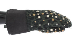 Dolce & Gabbana Gray Wool Shearling Studded Green Leopard Gloves -   -  Dolce & Gabbana.