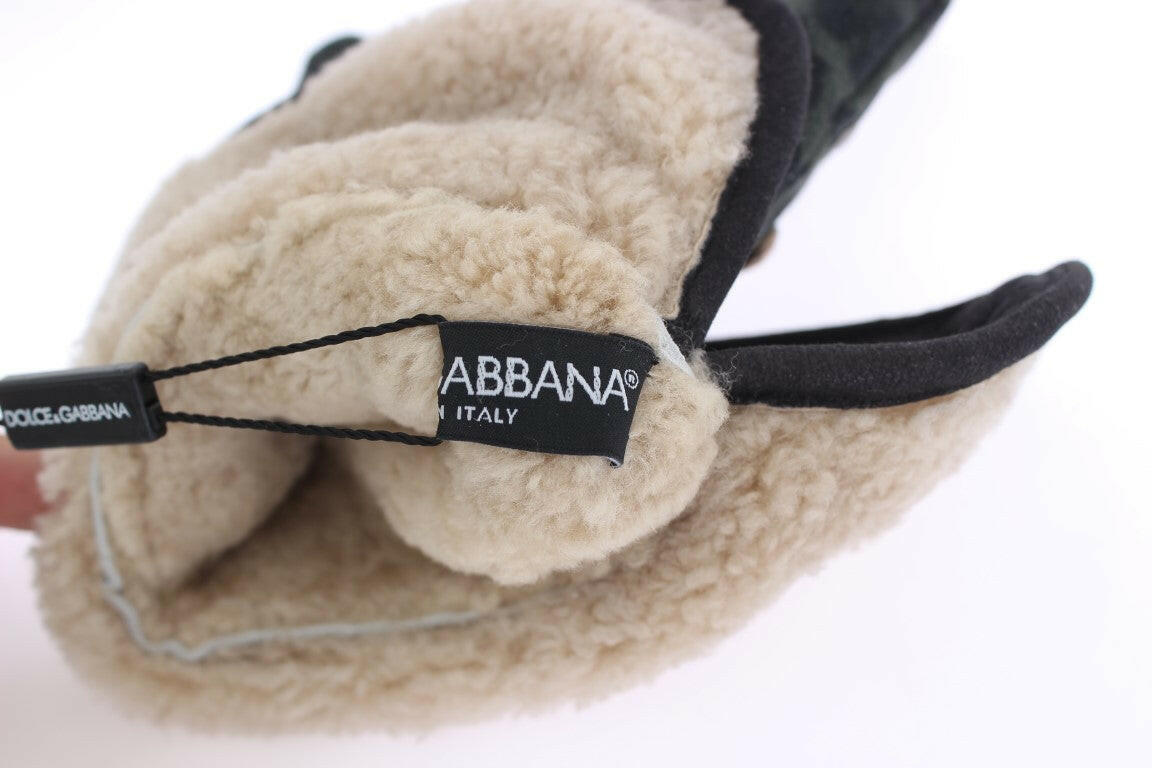 Dolce & Gabbana Gray Wool Shearling Studded Green Leopard Gloves -   -  Dolce & Gabbana.