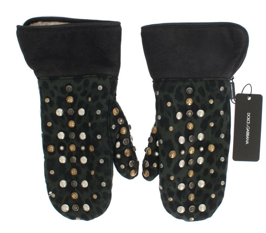 Dolce & Gabbana Gray Wool Shearling Studded Green Leopard Gloves -   -  Dolce & Gabbana.