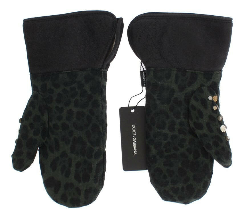 Dolce & Gabbana Gray Wool Shearling Studded Green Leopard Gloves -   -  Dolce & Gabbana.