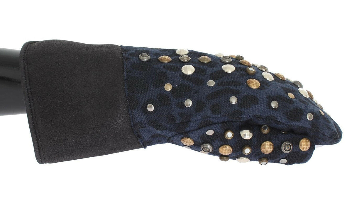 Dolce & Gabbana Gray Wool Shearling Studded Blue Leopard Gloves -   -  Dolce & Gabbana.