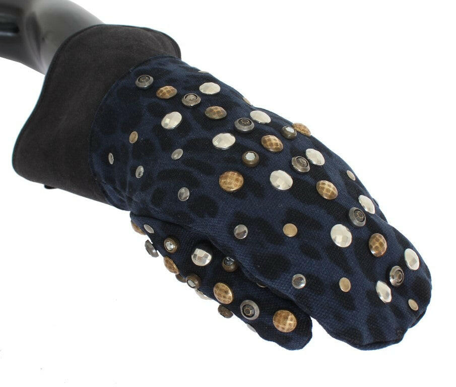 Dolce & Gabbana Gray Wool Shearling Studded Blue Leopard Gloves -   -  Dolce & Gabbana.