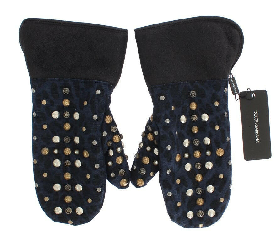 Dolce & Gabbana Gray Wool Shearling Studded Blue Leopard Gloves -   -  Dolce & Gabbana.