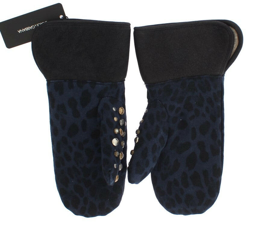 Dolce & Gabbana Gray Wool Shearling Studded Blue Leopard Gloves -   -  Dolce & Gabbana.
