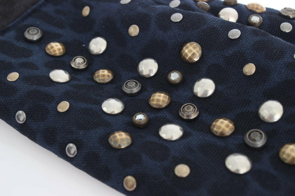 Dolce & Gabbana Gray Wool Shearling Studded Blue Leopard Gloves -   -  Dolce & Gabbana.
