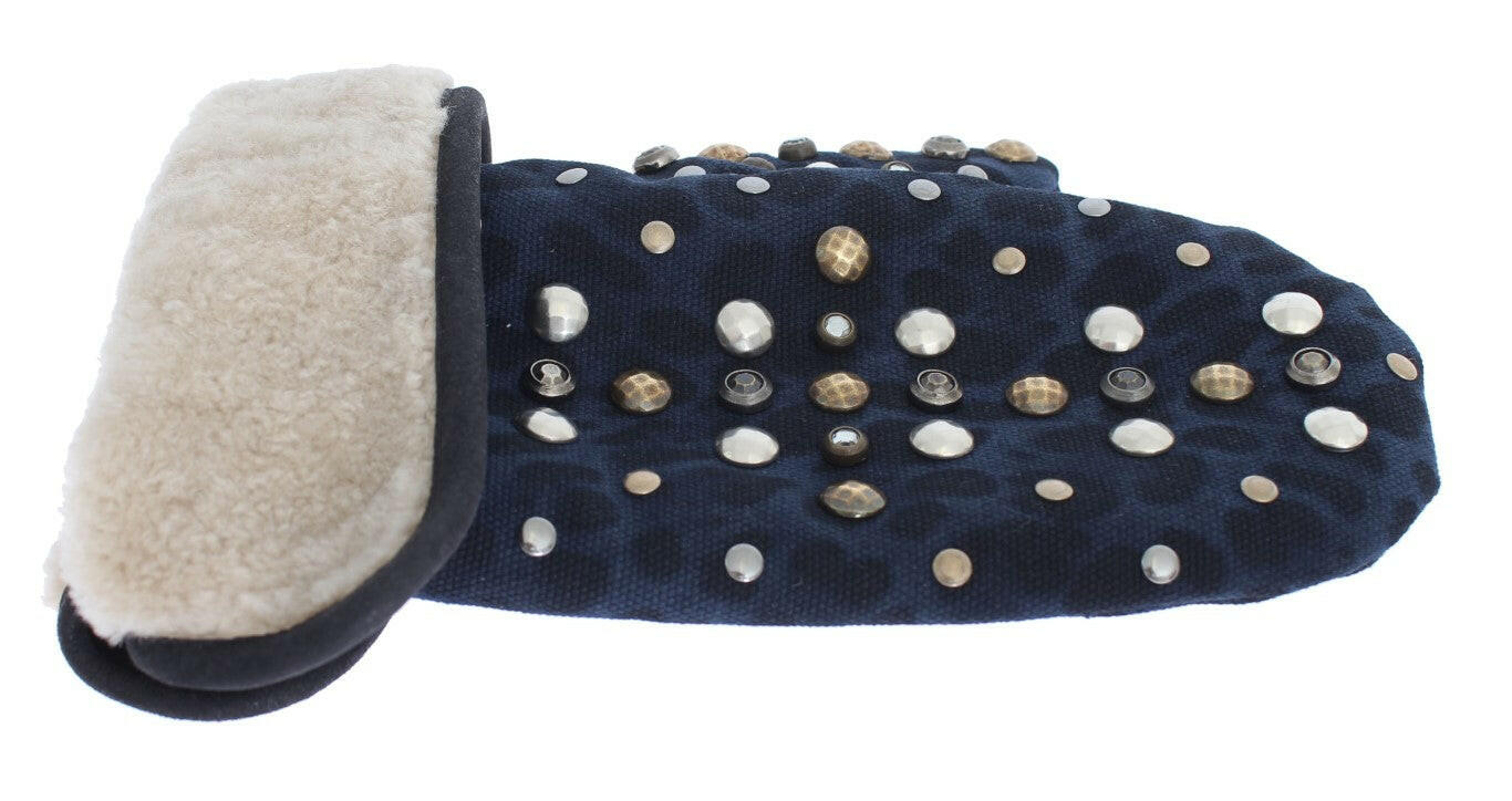 Dolce & Gabbana Gray Wool Shearling Studded Blue Leopard Gloves -   -  Dolce & Gabbana.