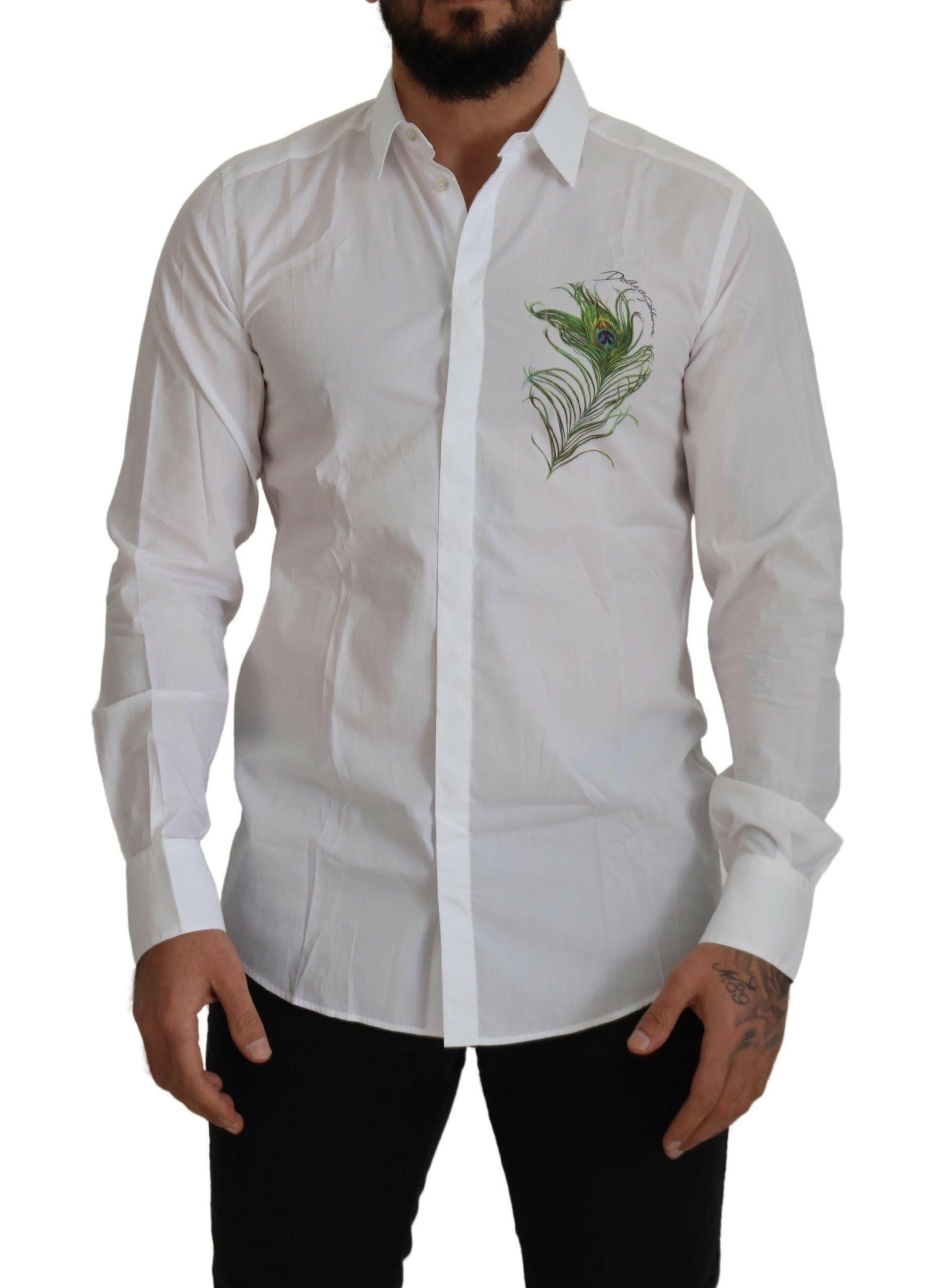 Dolce & Gabbana White Cotton Peacock Feather Formal GOLD Shirt -   -  Dolce & Gabbana.