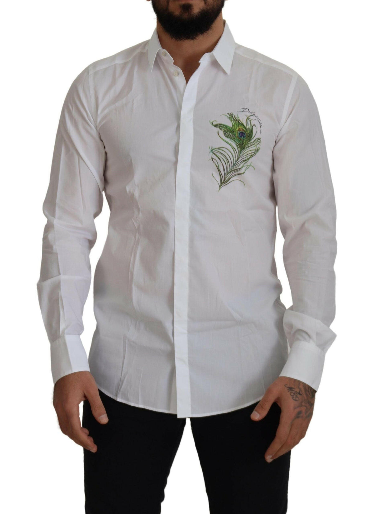 Dolce & Gabbana White Cotton Peacock Feather Formal GOLD Shirt -   -  Dolce & Gabbana.