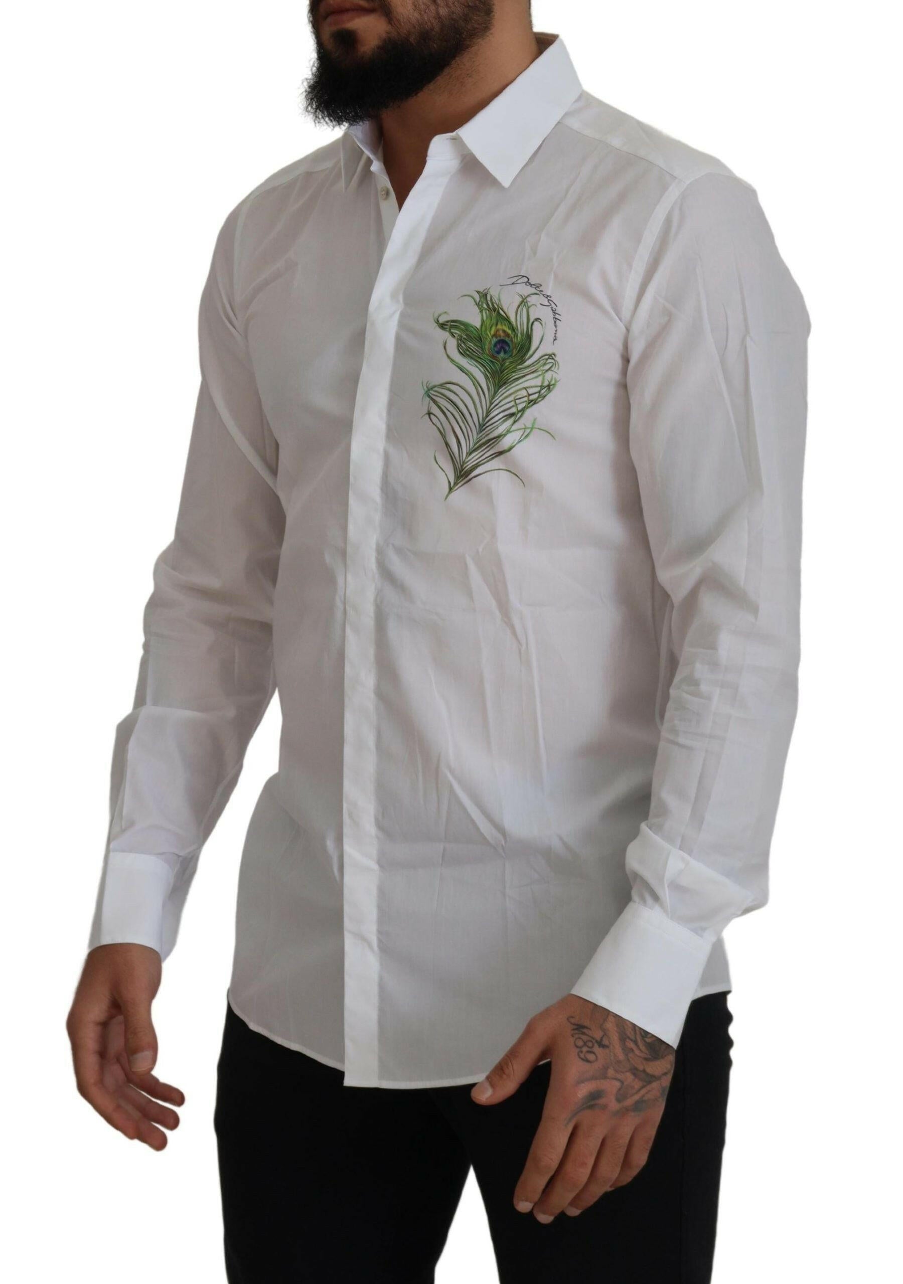 Dolce & Gabbana White Cotton Peacock Feather Formal GOLD Shirt -   -  Dolce & Gabbana.