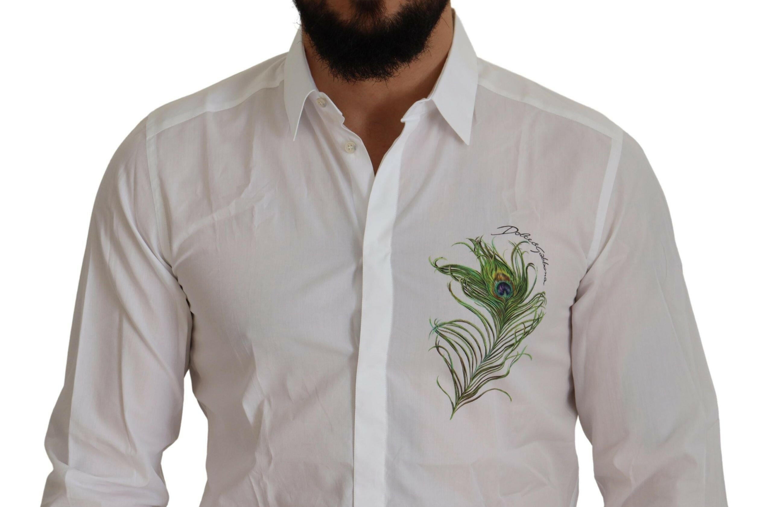 Dolce & Gabbana White Cotton Peacock Feather Formal GOLD Shirt -   -  Dolce & Gabbana.