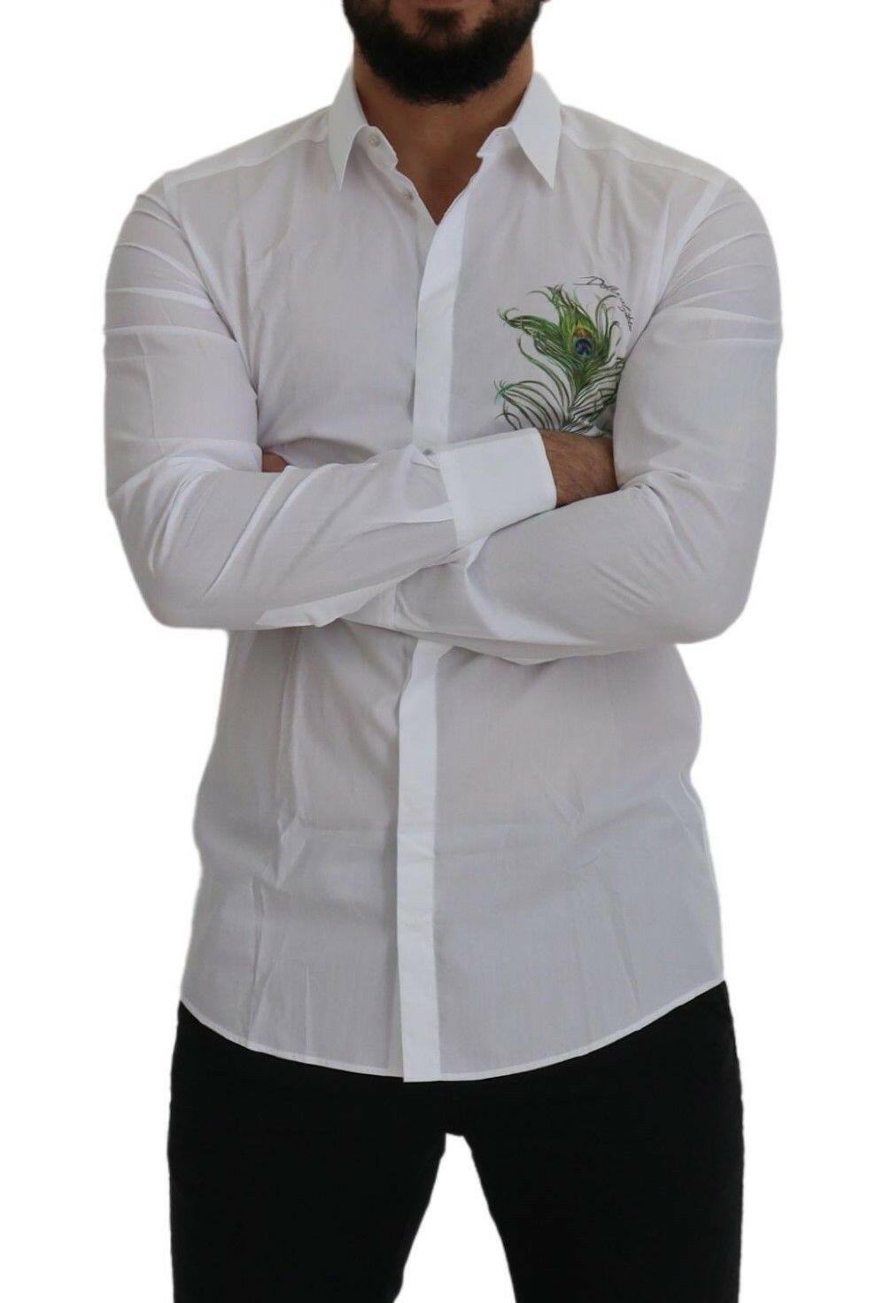 Dolce & Gabbana White Cotton Peacock Feather Formal GOLD Shirt -   -  Dolce & Gabbana.